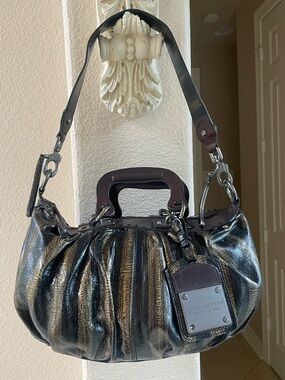 Francesco Biasia stripe two way bag gold brown black